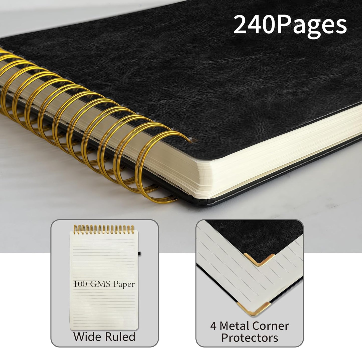 Top Spiral Notebook 8.5x11, A4 Large Leather Hardcover Top Bound Steno Pads, 240 Pages 100gsm Thick Lined Paper,Wide Ruled,Left Handed Notebook Journal for Work, School - Black