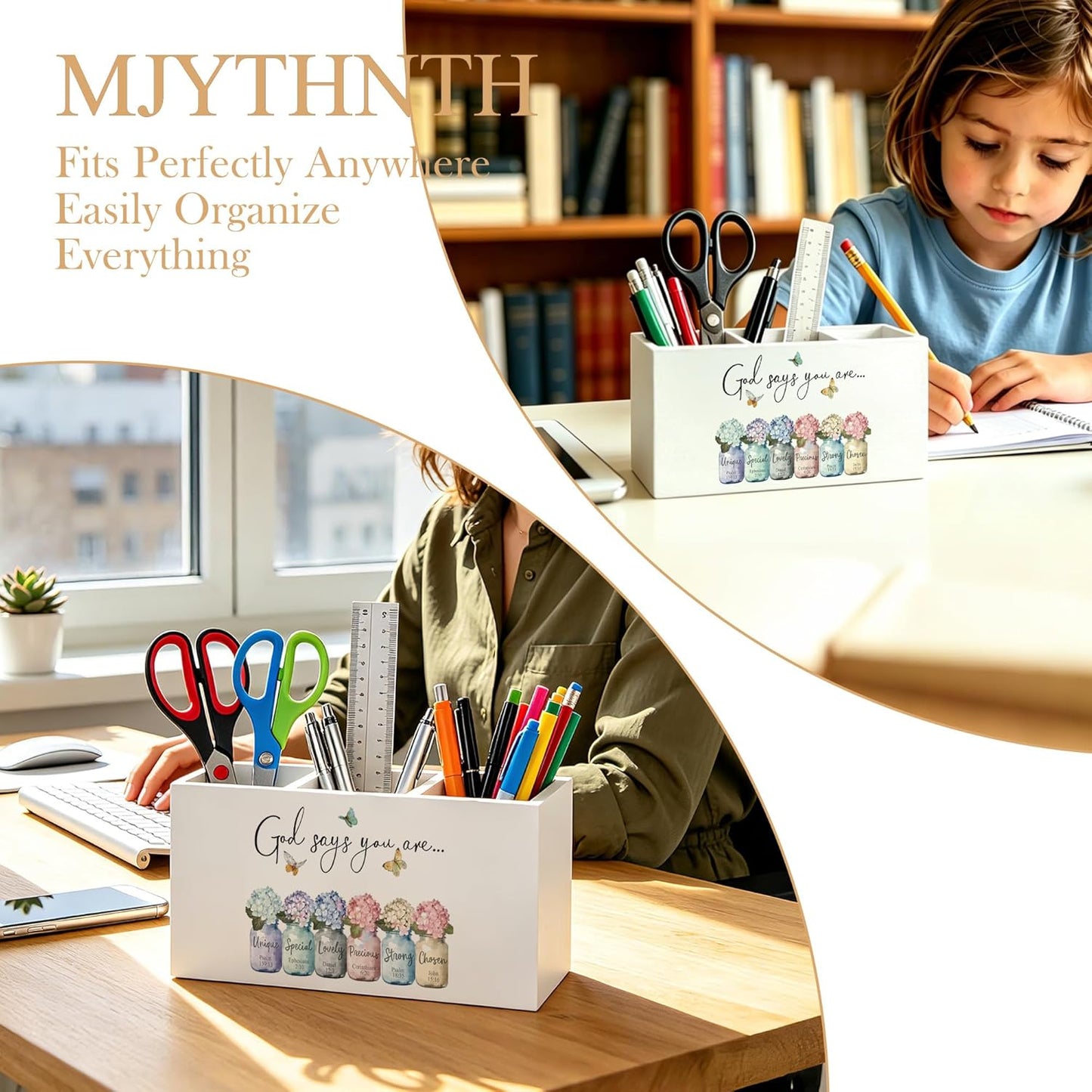 Don't Overthink It Inspirational Pencil Pen Holder for Desk, Pink Positive Affirmations Wooden Box Sign Pen Holder Organizer for Home Office School Desk Accessories