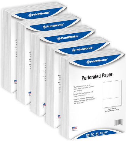 PrintWorks Professional 3 2/3" Horizontal Perforated Paper 8.5” x 11” - Perfect For W-2, 1099, & Statement Use - Made in the USA - 500 Sheets - 20 lb - Printer Compatible - White (04124)