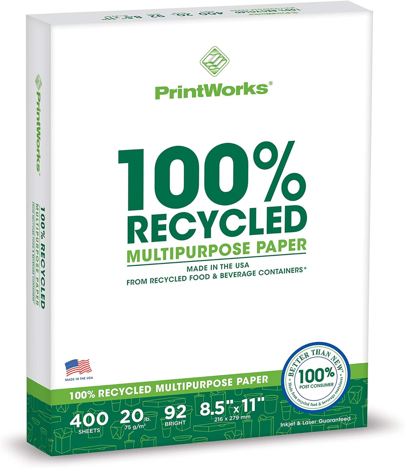 PrintWorks 100% Recycled Printer Paper 8.5" x 11" White - 20 lb Copy & Multipurpose Computer Paper - 3 Packs, 1200 Sheets - Made in the USA - 92 Bright - Printer & Copier Compatible (00018-3)