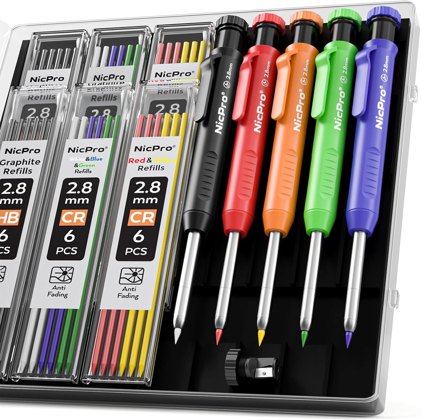 Nicpro Carpenter Pencil with Sharpener, Mechanical Pencils Set with 26 Refills, Deep Hole Marker for Construction, Heavy Duty Woodworking Tools for Architect (Black, Red) - With Case