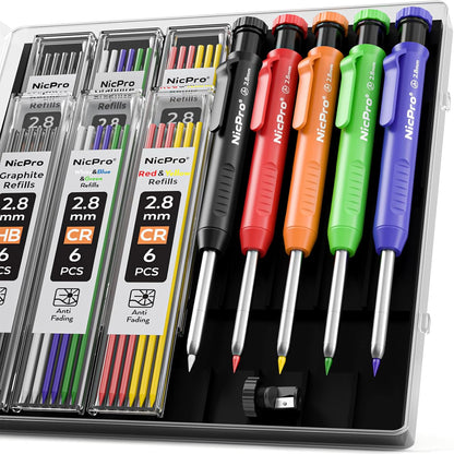 Nicpro Carpenter Pencil with Sharpener, Mechanical Pencils Set with 26 Refills, Deep Hole Marker for Construction, Heavy Duty Woodworking Tools for Architect (Black, Red) - With Case