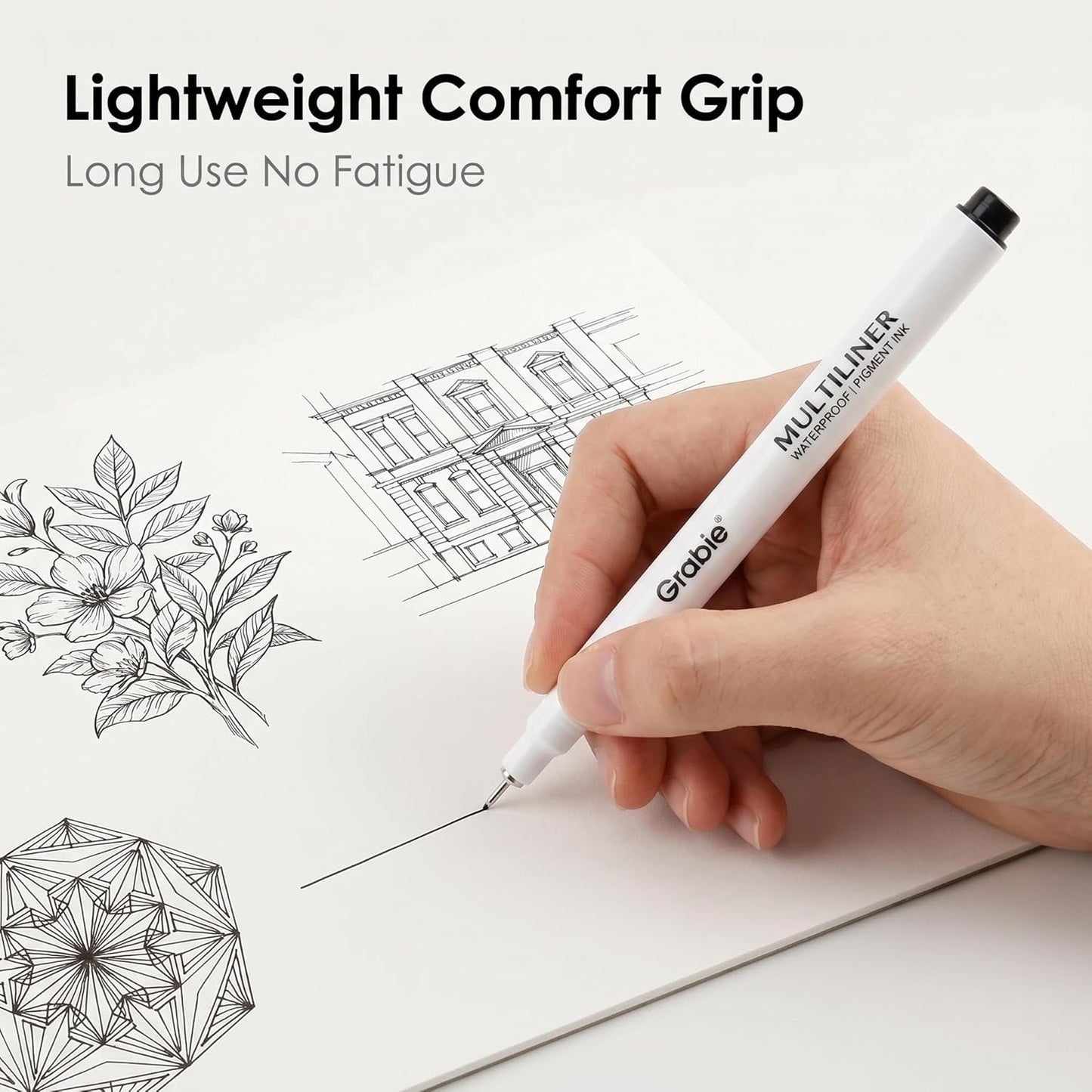 Grabie Micro Finerliner Pens, 6 Archival Black Ink Waterproof Drawing Pens, Assorted Point Sizes for Sketching, Illustration, Journaling, Art Supplies