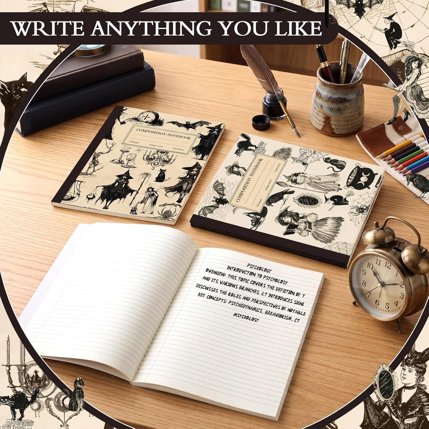 Colarr 6 Pcs Composition Notebook College Ruled Paper Vintage Decomposition Notebook 110 Page 7-1/2" x 9-1/4" Anatomy Medical Illustration Skull Skeleton Med Journal Radiology Tech Student (3,Witch)