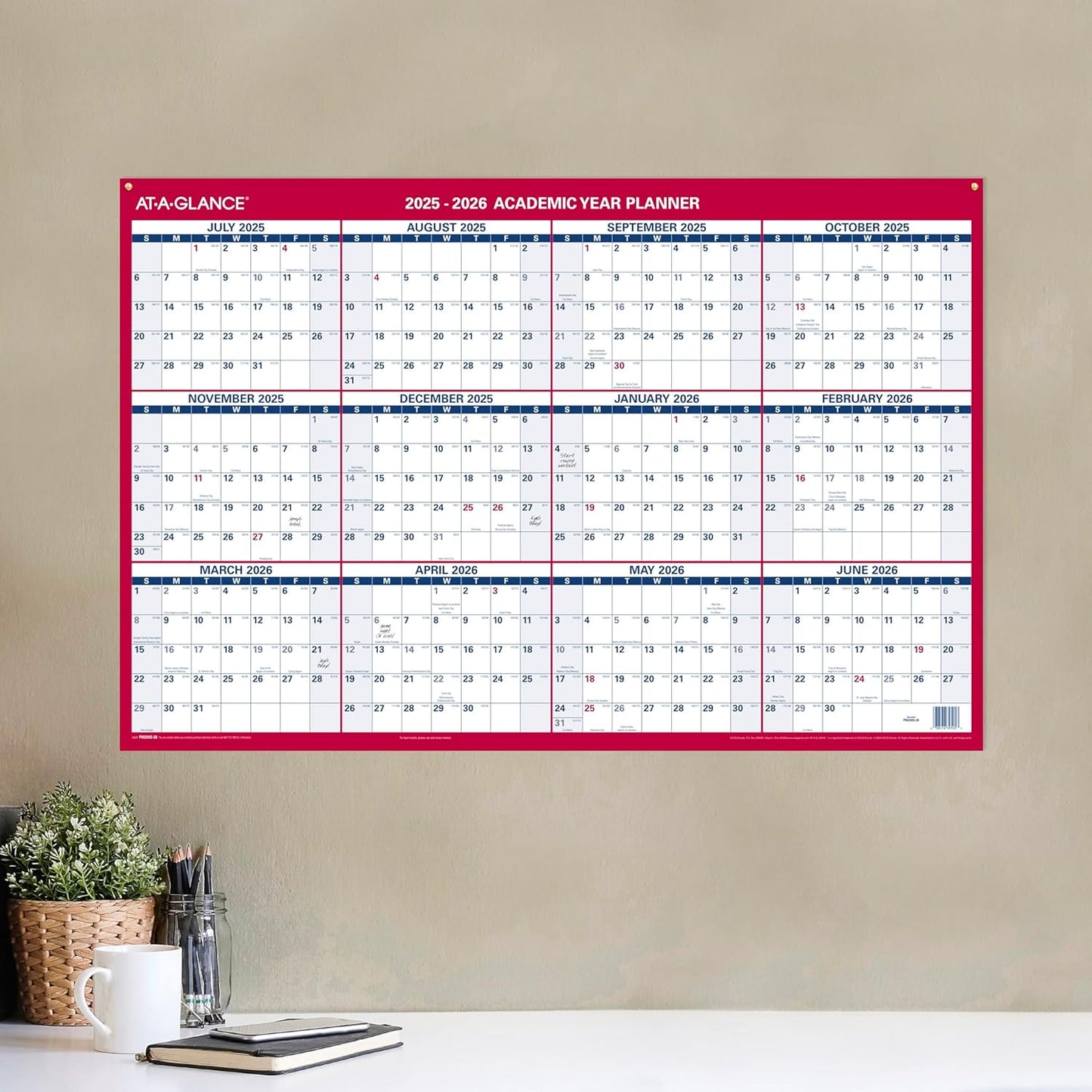 AT-A-GLANCE Dry Erase Calendar 2026-2027 Academic & Regular Year Wall Planner, 12-Month, 24" x 36", Double Sided, Vertical (PM210S28)