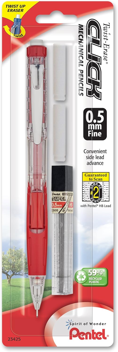 Pentel Twist Erase Click Automatic Pencil with 2 Eraser Refills and Lead, 0.9 mm, Assorted Barrels, Color May Vary, 2 Pack (PD279TLEBP2)
