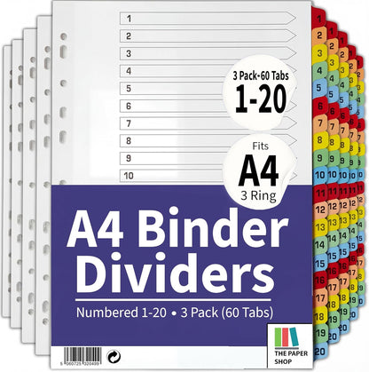 Binder Dividers with Tabs 1-20 Numbered – A4 (3 Pack) | Dividers for 3 Ring Binder | Numbered Tab Dividers for Office, School & Home Organization - The Paper Shop