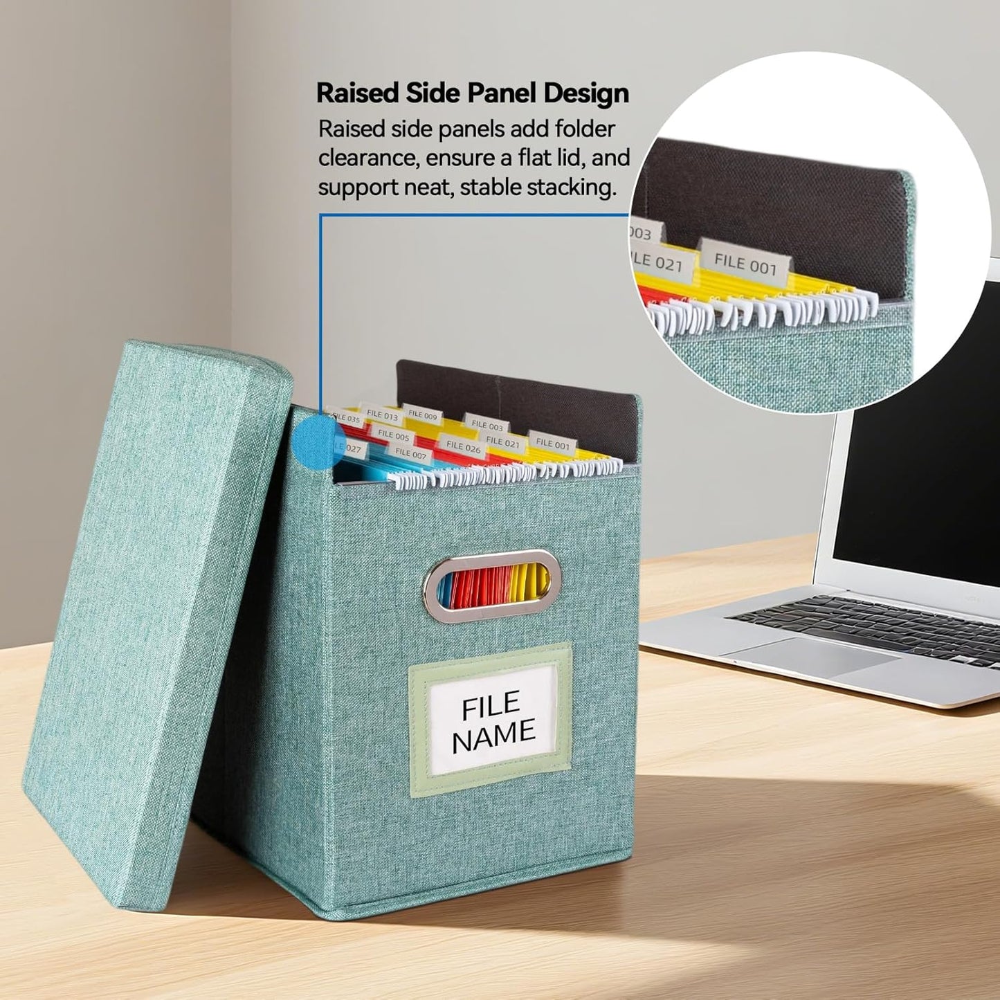 2 Pack Hanging File Folders Organizer with Lid, Letter Size Fabric File Storage Box Collapsible, Portable Office Document Holder with Metal Handle, Smooth PVC Rails, Green
