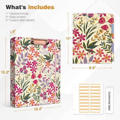 Ospelelf Binder 3 Ring 1 Inch, Floral Round Ring Clipboard Binder for Letter Size with 5 Tab Dividers, File Folder Labels, for School and Office Supplies