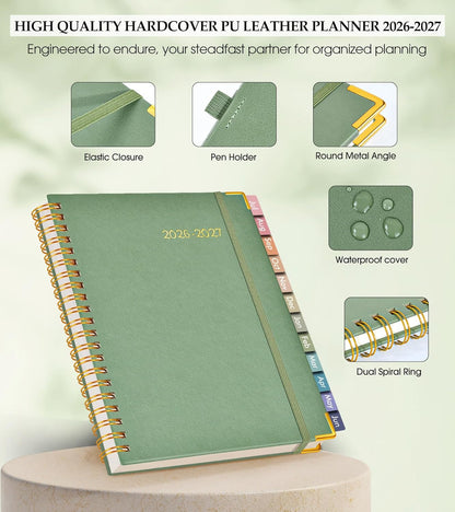 2026 Planner, Weekly and Monthly Calendar Planner from January 2026 - December 2026, 8.5" x 11" Hardcover Leather Hourly Appointment Book with Tabs, Spiral Daily Planners for School Work Home, Green