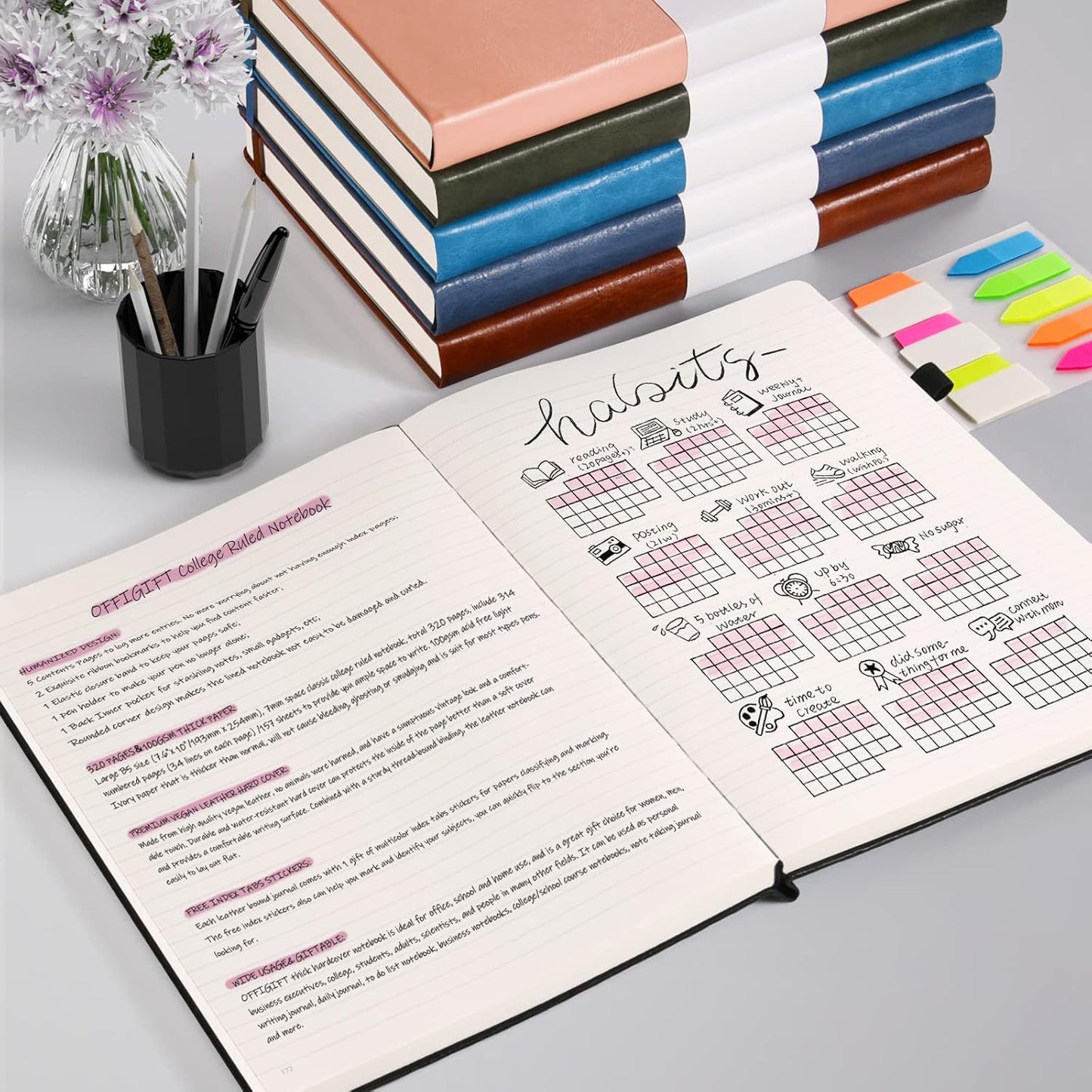 Lined Journal Notebook, Large A5 College Ruled Notebook, 312 Numbered Pages Work Notebook with Index Stickers, 100gsm Thick Paper, Hardcover Vegan Leather Journal for Women Men School Office, Black