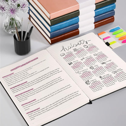 Lined Journal Notebook, Large A5 College Ruled Notebook, 312 Numbered Pages Work Notebook with Index Stickers, 100gsm Thick Paper, Hardcover Vegan Leather Journal for Women Men School Office, Black