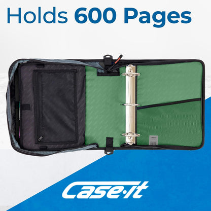 Case-it Mighty Zip Tab School Zipper Binder | 3-Inch O-Rings, 600-Sheet Capacity, 5-Subject Expanding File Folder, Multiple Pockets & Storage Organizer, Shoulder Strap | D-146 Jet Black