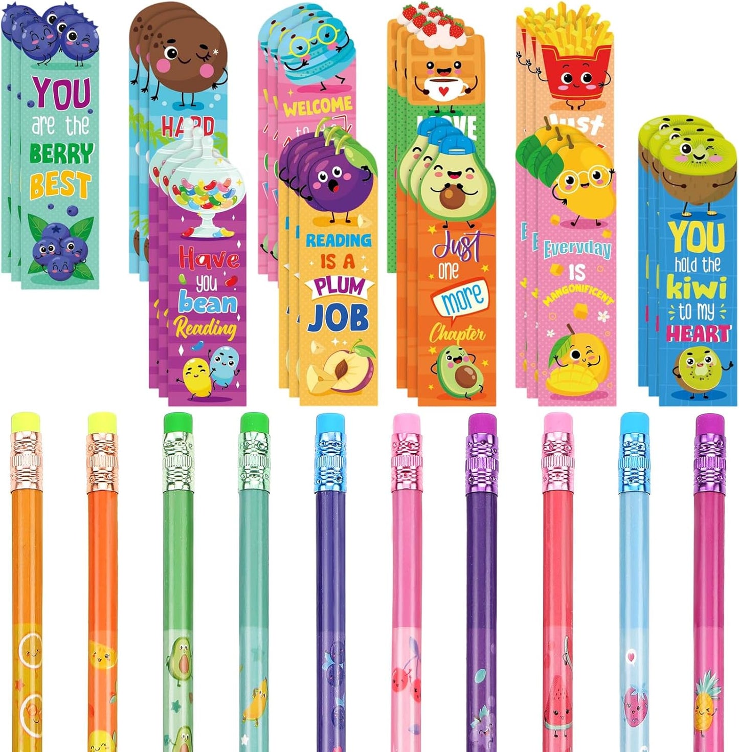 Teling 60 Pcs Inspirational Scented Pencils and Scented Bookmarks Sets Funny Smelly Pencils with Eraser Theme Bookmarks Cute Stationery Bulk for Reading Rewards Party Favors(Vivid)