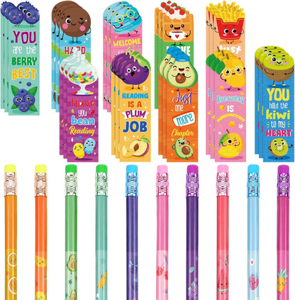 Teling 60 Pcs Inspirational Scented Pencils and Scented Bookmarks Sets Funny Smelly Pencils with Eraser Theme Bookmarks Cute Stationery Bulk for Reading Rewards Party Favors(Vivid)