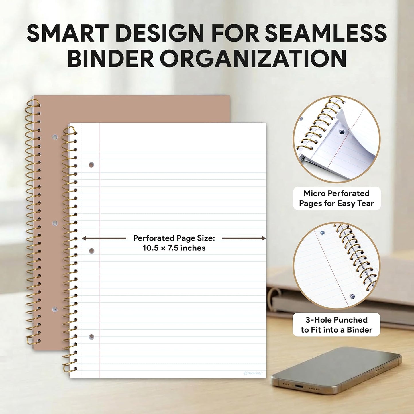 Decorably 5-Pack 140 Pages Gold Foiled Spiral Note Books College Ruled, 8x10.5in Spring Bound, 3-Hole Punched and Easy Tear-Off Perforated Design, Lined Pages - Work, School, Office