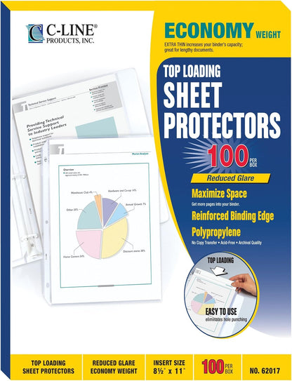 C-Line Top Loading Economy Weight Poly Sheet Protectors, Reduced Glare, 8.5 x 11 Inches, 200 per Box (62067)