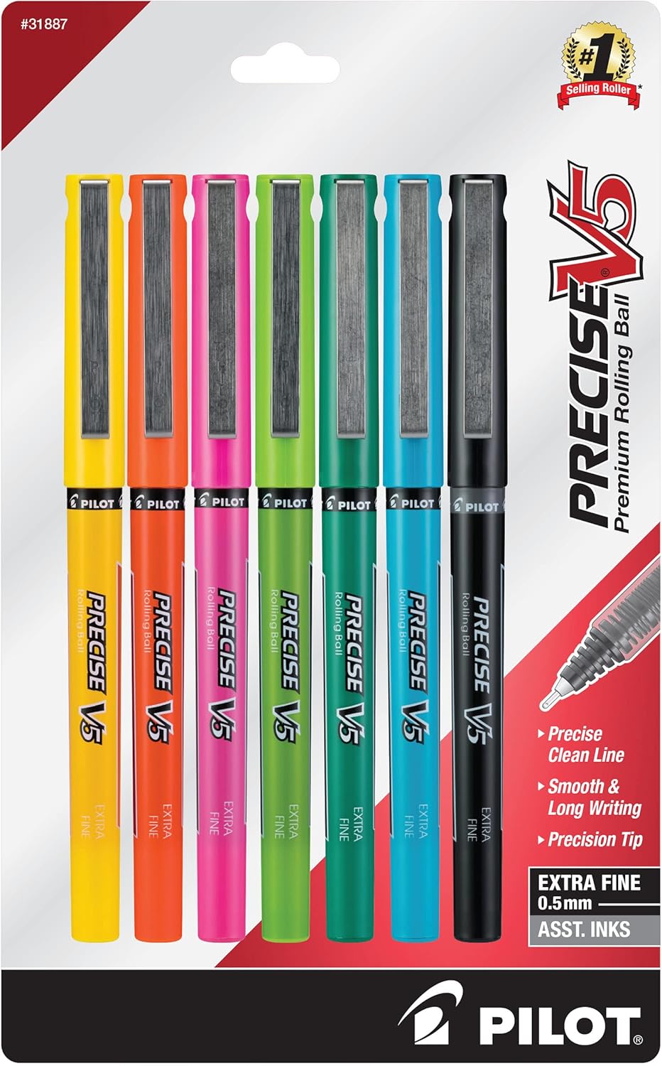 PILOT Precise V5 Stick Liquid Ink Rolling Ball Stick Pens, Extra Fine Point (0.5mm) Assorted Ink Colors, 10-Pack (12562)