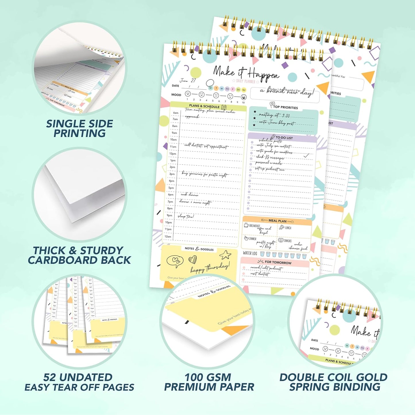 Decorably 52 Sheets Boho Celestial Undated Daily to Do List Notepad - 6.5x10" Spring-Bound Planner, Easy Tear-Off, for Schedule, Priorities, Agenda, Water Intake, Meals, Notes & Doodles - Home, Office