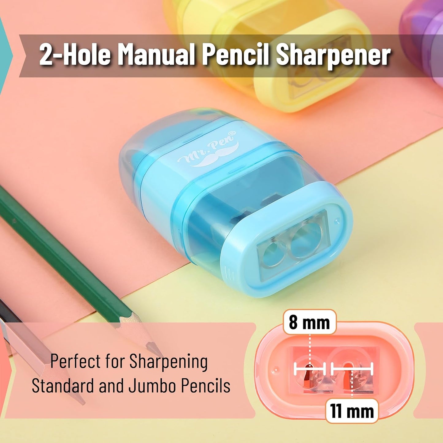 Mr. Pen- Pencil Sharpener & Eraser, 4 Pack, 2-in-1 Manual Sharpeners with Canister, 2 Sharpening Holes for Standard & Jumbo Pencils, Colorful Dual Hole Design for School, Office, Home, Kids