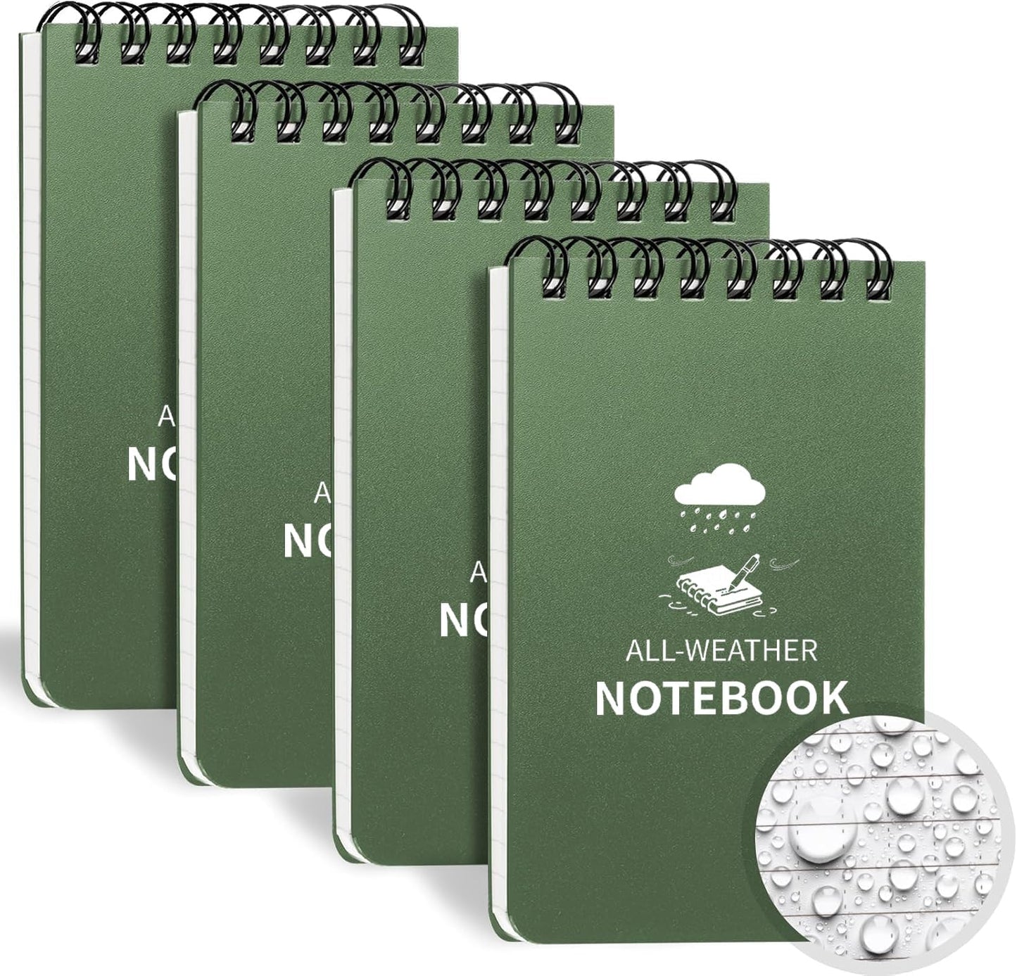 Waterproof Notebook, 4 Pack Pocket Notepad, 3" x 5" Top-Spiral Weatherproof NotePad, All Weather Police Pocket Notebook Mini Memo Steno Note Pads for Outdoor Office School Recording, Black