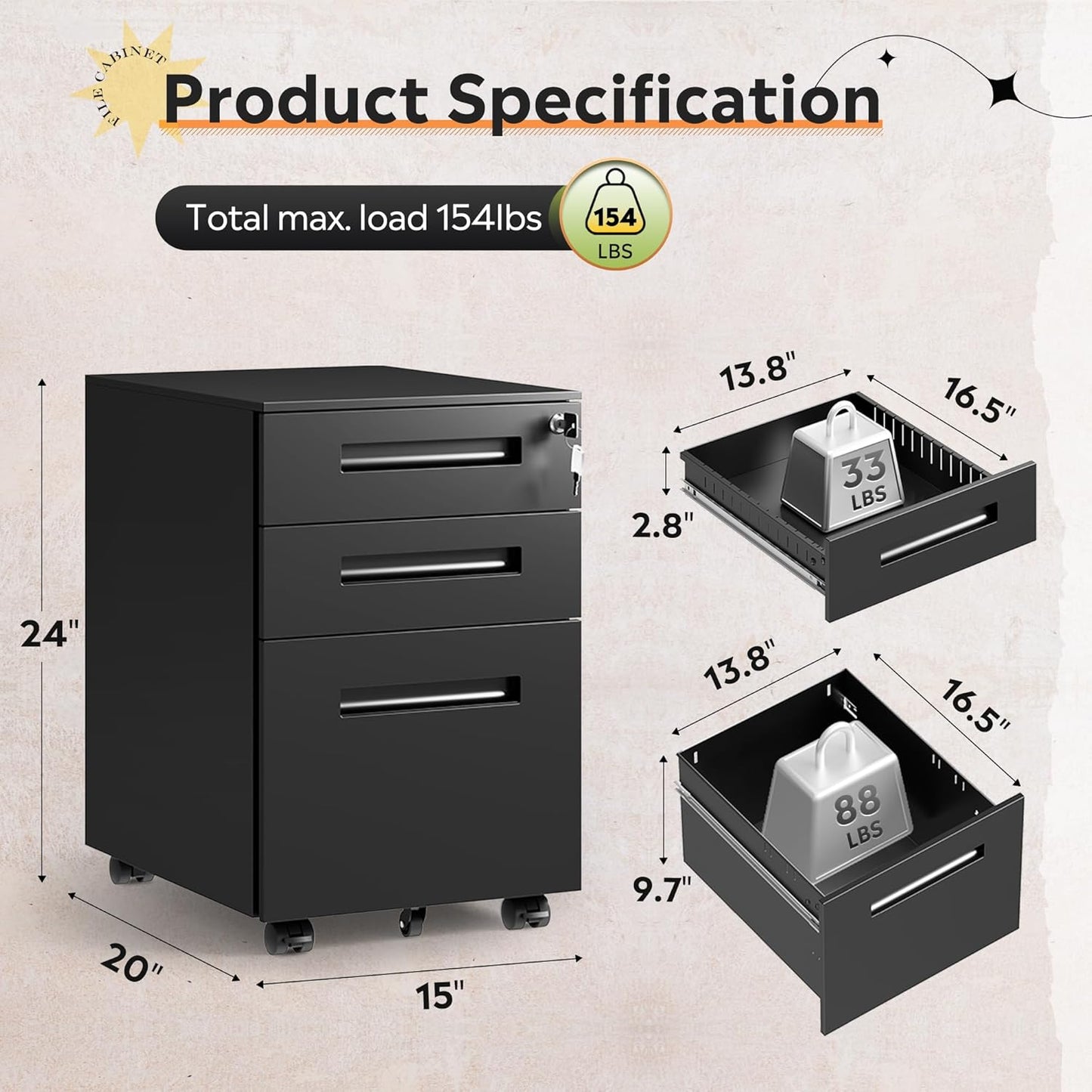 DEVAISE 3 Drawer Mobile File Cabinet Under Desk Office, Fully Assembled Except Casters, Letter/Legal Size, Black