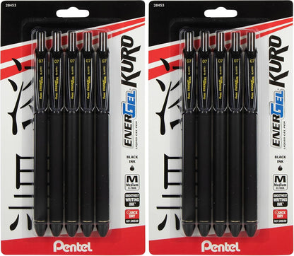 Pentel EnerGel Kuro Liquid Gel Pen, (0.7mm) Medium line, Black Ink, 5 Pack