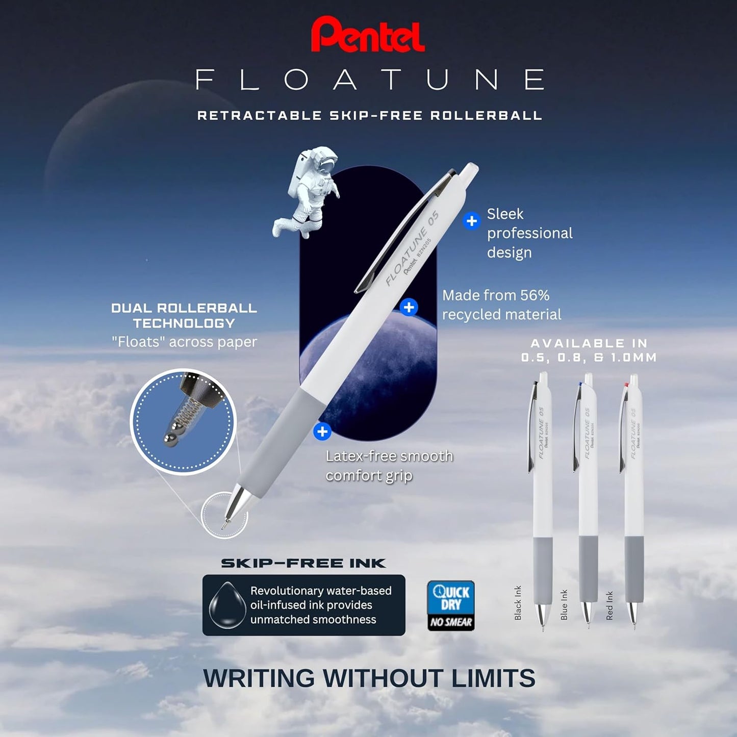 Pentel Floatune Retractable Rollerball, 0.8mm Medium Point, Black Ink, 5-pk (BY208PF5A)