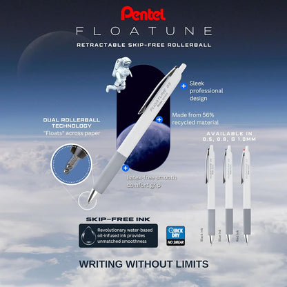 Pentel Floatune Retractable Rollerball, 0.8mm Medium Point, Black Ink, 5-pk (BY208PF5A)