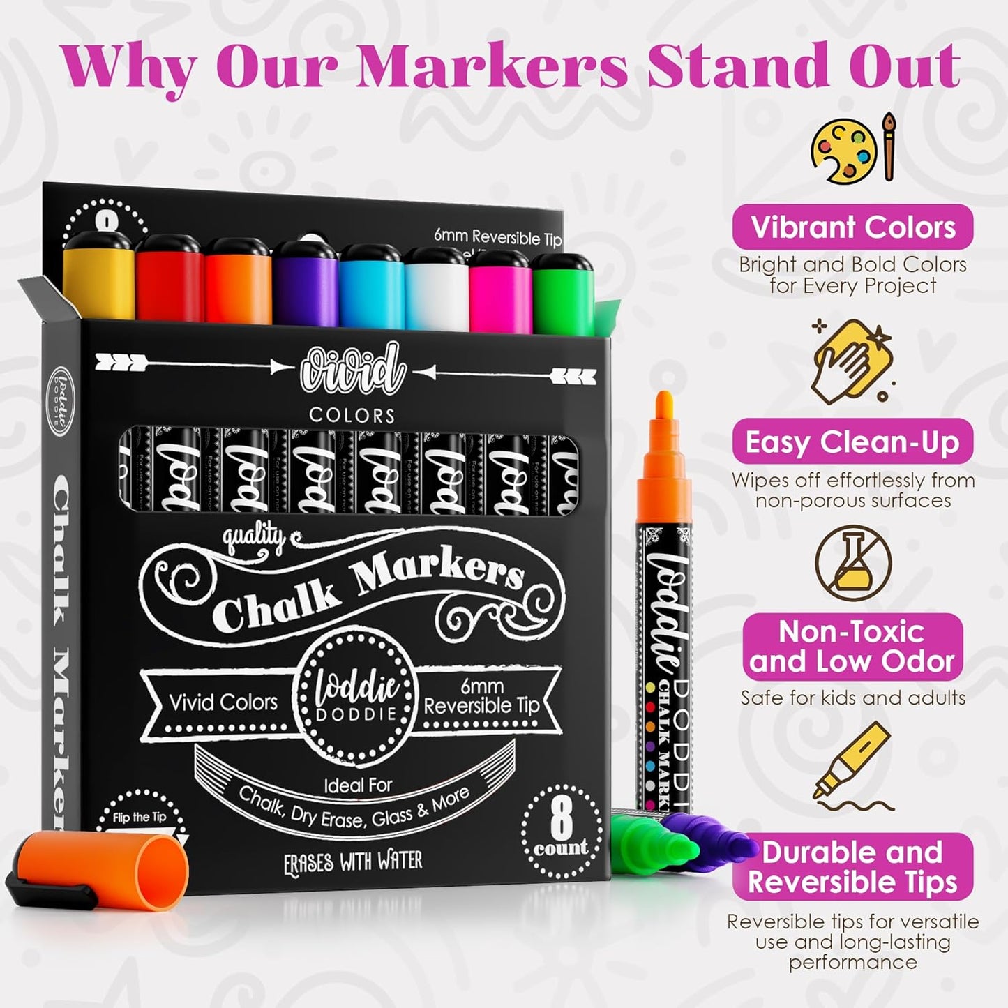 Loddie Doddie Liquid Chalk Markers - 8-Pack, 6mm Dual Tips - Chalk Markers for Blackboard & Chalkboard Paint - Washable Window Pens for Glass - Erasable Pens