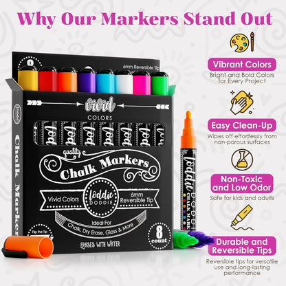 Loddie Doddie Liquid Chalk Markers - 8-Pack, 6mm Dual Tips - Chalk Markers for Blackboard & Chalkboard Paint - Washable Window Pens for Glass - Erasable Pens