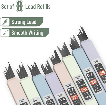 Mr. Pen- Pastel Mechanical Pencil Set with Lead Refills & Erasers, 4 Pack, 2 Sizes, 0.5 & 0.7mm, Fast Click, 6x Tubes HB & 2B Lead Refill, 3x Eraser for School Supplies, Drafting, Drawing & Sketching