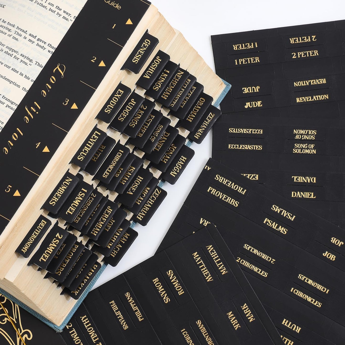 Laminated Bible Tabs, Gold Foil Embossed Lettering Bible Chapter Index Tabs for Women Men, Reposition Large Print Sticky Labels, Easy to Read and Apply, 105Chapters Labels for Easy Navigation (Black)