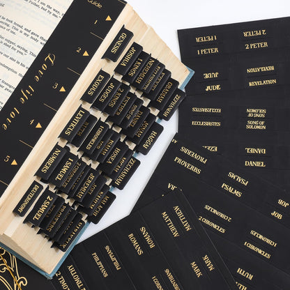 Laminated Bible Tabs, Gold Foil Embossed Lettering Bible Chapter Index Tabs for Women Men, Reposition Large Print Sticky Labels, Easy to Read and Apply, 105Chapters Labels for Easy Navigation (Black)