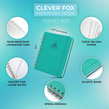 Clever Fox Password Book Spiral – Internet Address & Password Organizer with Laminated Alphabetical Tabs – Password Keeper Journal – Hardcover, Medium Size, 6.1x7.7” (Mystic Blue)