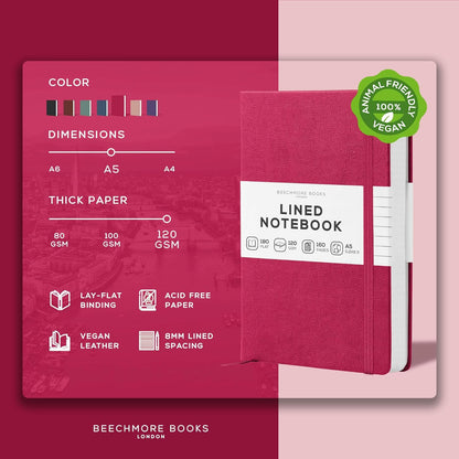 BEECHMORE BOOKS Large Lined Journal Notebook, 8.5" x 11.5" (A4) Hardcover Vegan Leather Executive Diary for Work, Thick 120gsm Paper, Lay-Flat Binding, Gift Box