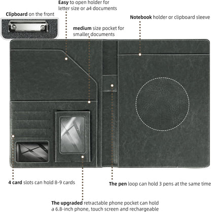 Clipboard Folio Folder Portfolio with Notepad-Pocket Business Card Holder Brown Faux PU Leather Portfolio