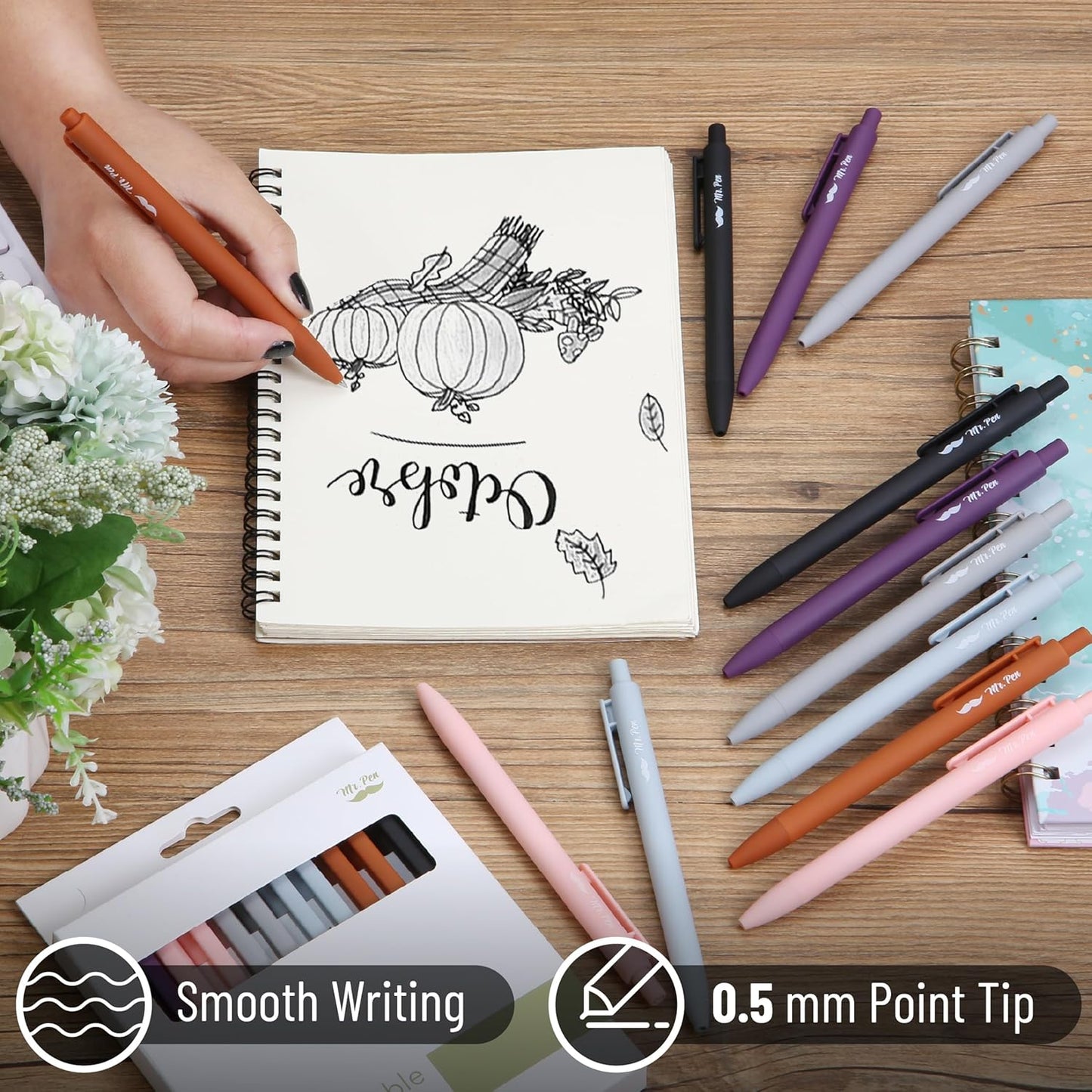 Mr. Pen- Retractable Gel Pens, 12 Pack, Colorful Ink, Fine Point 0.7mm, Fast Dry, Smooth Writing, Cute Pens for Drawing, Writing Planner and School Supplies