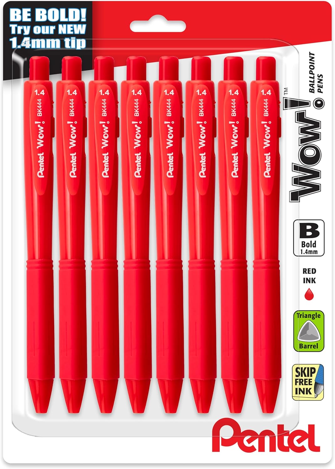 Pentel Wow! Retractable Ballpoint Pen, (1.4mm), Bold Line, Black Ink, Pack of 8 (BK444BP8A)