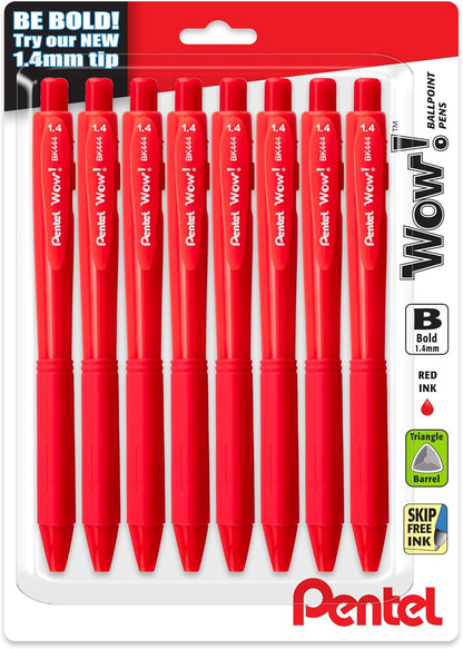 Pentel Wow! Retractable Ballpoint Pen, (1.4mm), Bold Line, Black Ink, Pack of 8 (BK444BP8A)