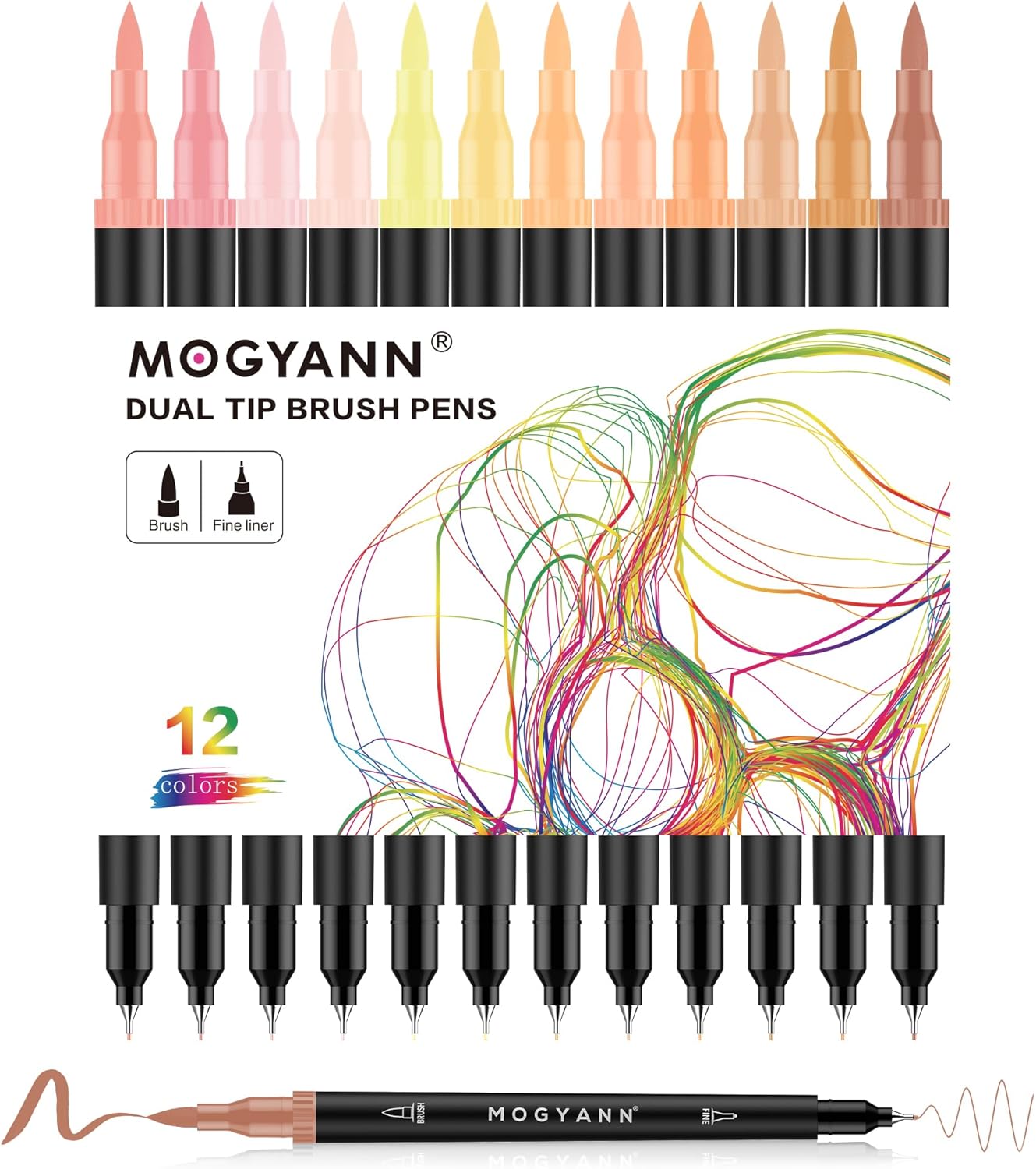 Mogyann Drawing Pens, 12 Pack Dual Brush Pens Black Markers for Art Drawing Sketching