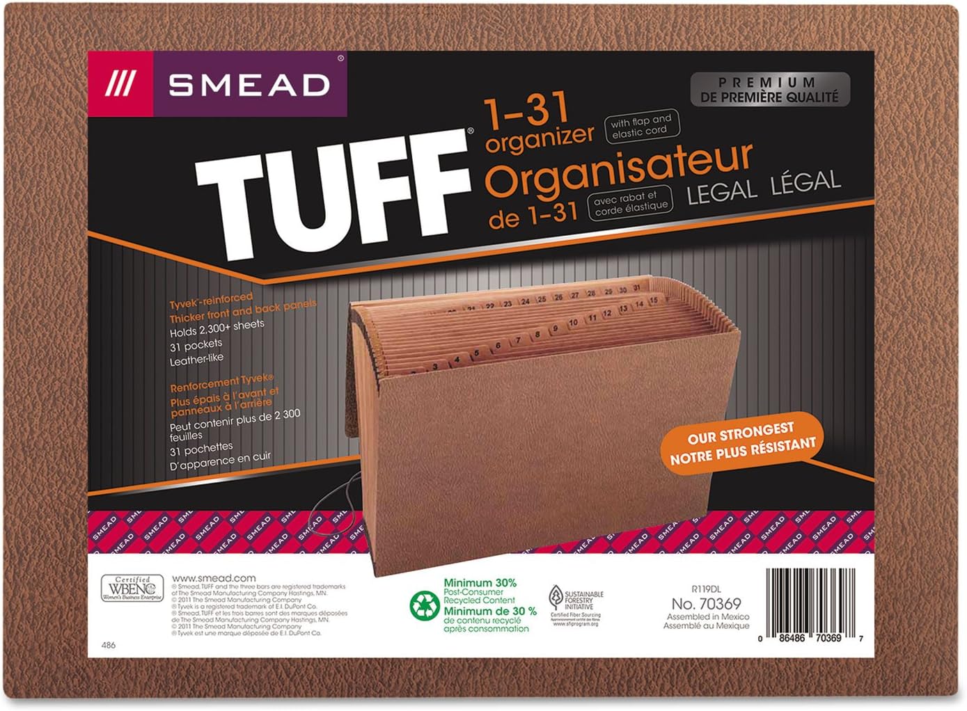 Smead TUFF Expanding File, 21 Pockets, Alphabetic (A-Z), Flap and Cord Closure, Legal Size, Redrope (70320), Pack of 1