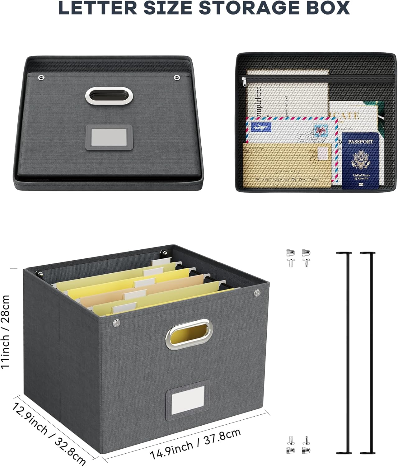 Oterri File Organizer Box with Lid, Hanging Filing File Box with Mesh Pocket, Document Organizer Box for Letter Files, Portable Storage Box with Smooth Sliding Rail for Office&Home (1 PCS, Beige)