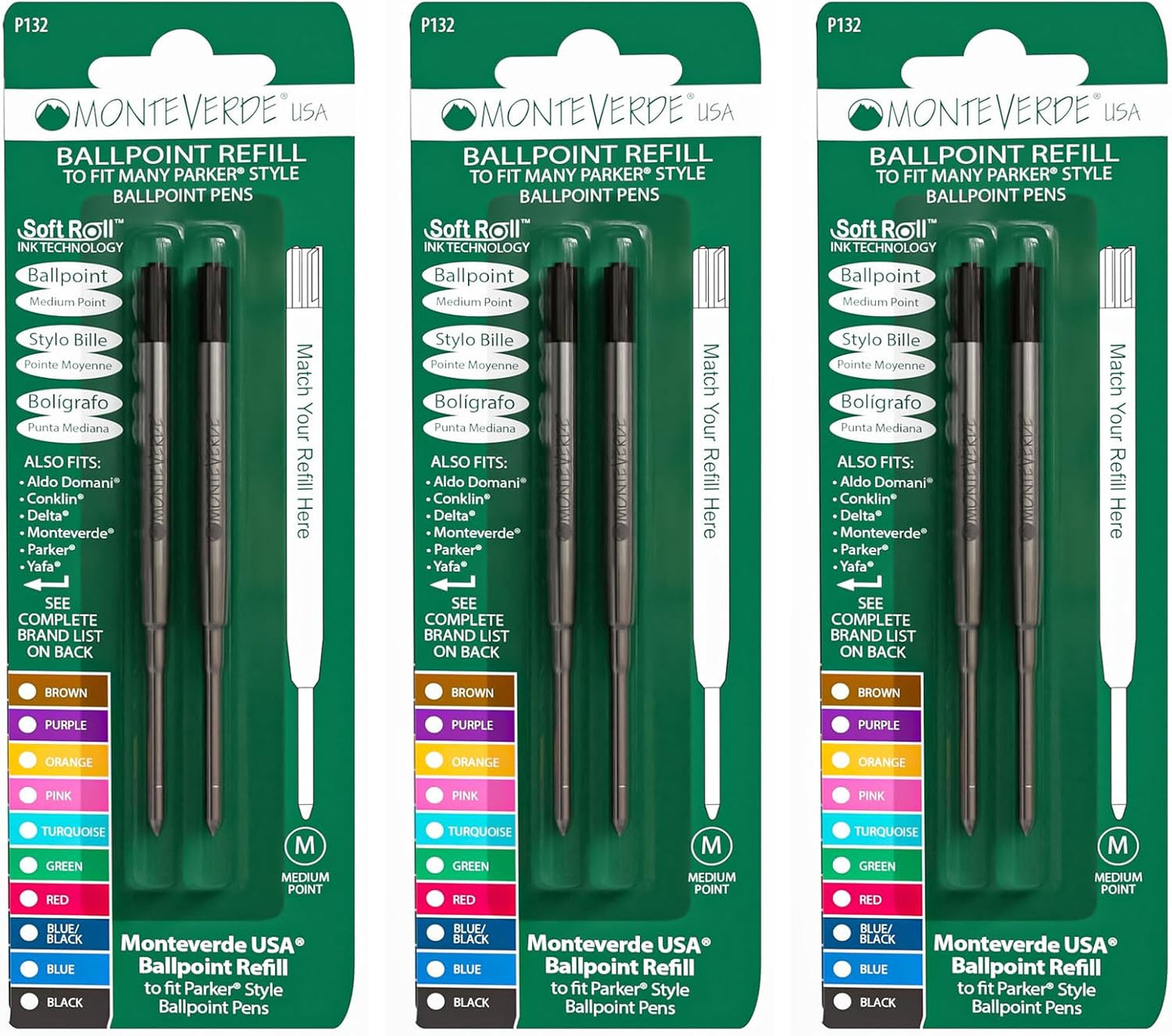Monteverde Soft Roll Ballpoint Pen Refills to Fit Parker-Style Pens, Medium Point, Brown, 2-Pack, Smooth Writing Technology for Parker, Conklin, Schmidt, and More