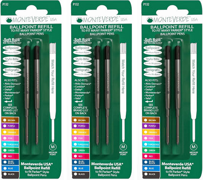 Monteverde Soft Roll Ballpoint Pen Refills to Fit Parker-Style Pens, Medium Point, Brown, 2-Pack, Smooth Writing Technology for Parker, Conklin, Schmidt, and More