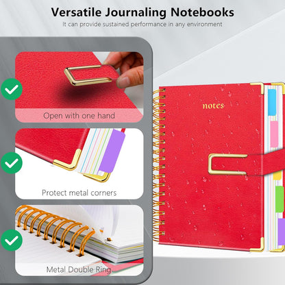 Hardcover Spiral Notebook College Ruled, 8"x10" Leather Journal Notebook with Magnetic Closure, 300 Pages 5 Subject Notebook with Dividers Tabs Journal for Women Men, Work, School(Rose Red)