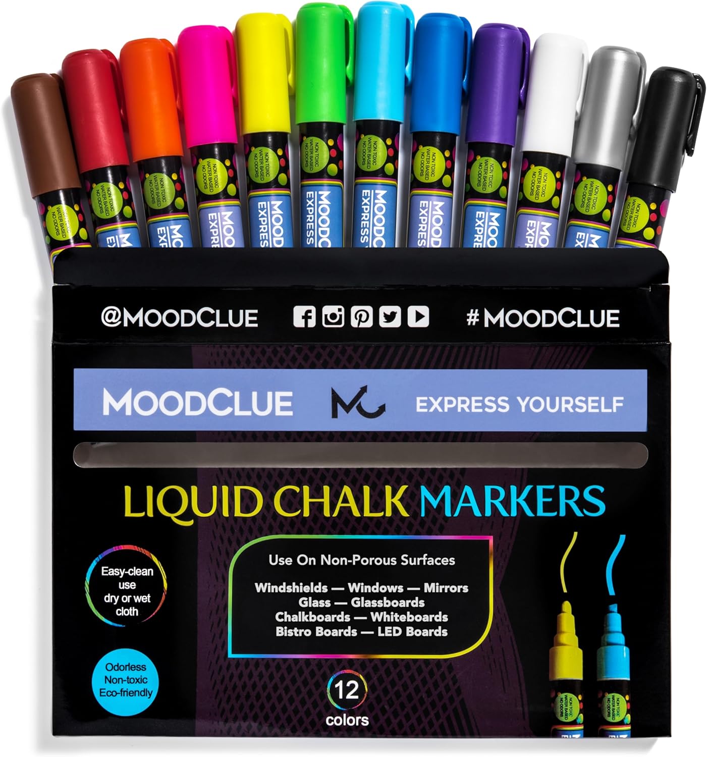 MoodClue Liquid chalk markers 12 neon erasable Whiteboards, glass boards, chalkboards, windows, mirrors, car windshields, auto, glass. Odorless, non-toxic. Wet or dry erase. Thick and thin tip