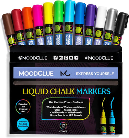 MoodClue Liquid chalk markers 12 neon erasable Whiteboards, glass boards, chalkboards, windows, mirrors, car windshields, auto, glass. Odorless, non-toxic. Wet or dry erase. Thick and thin tip