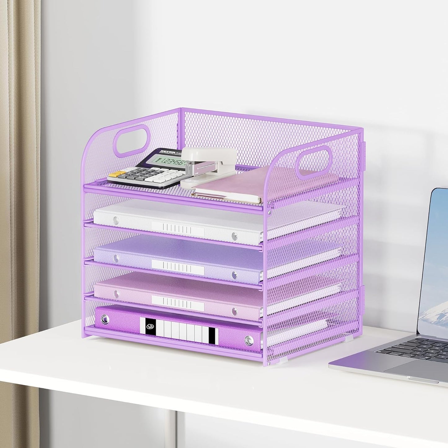 Lavatino 5 Tray Desk File Organizer, Black Mesh Paper Sorter Letter Tray Organizer with Handle, Desktop File Organizer and Storage for Letter/A4 Office File Folder
