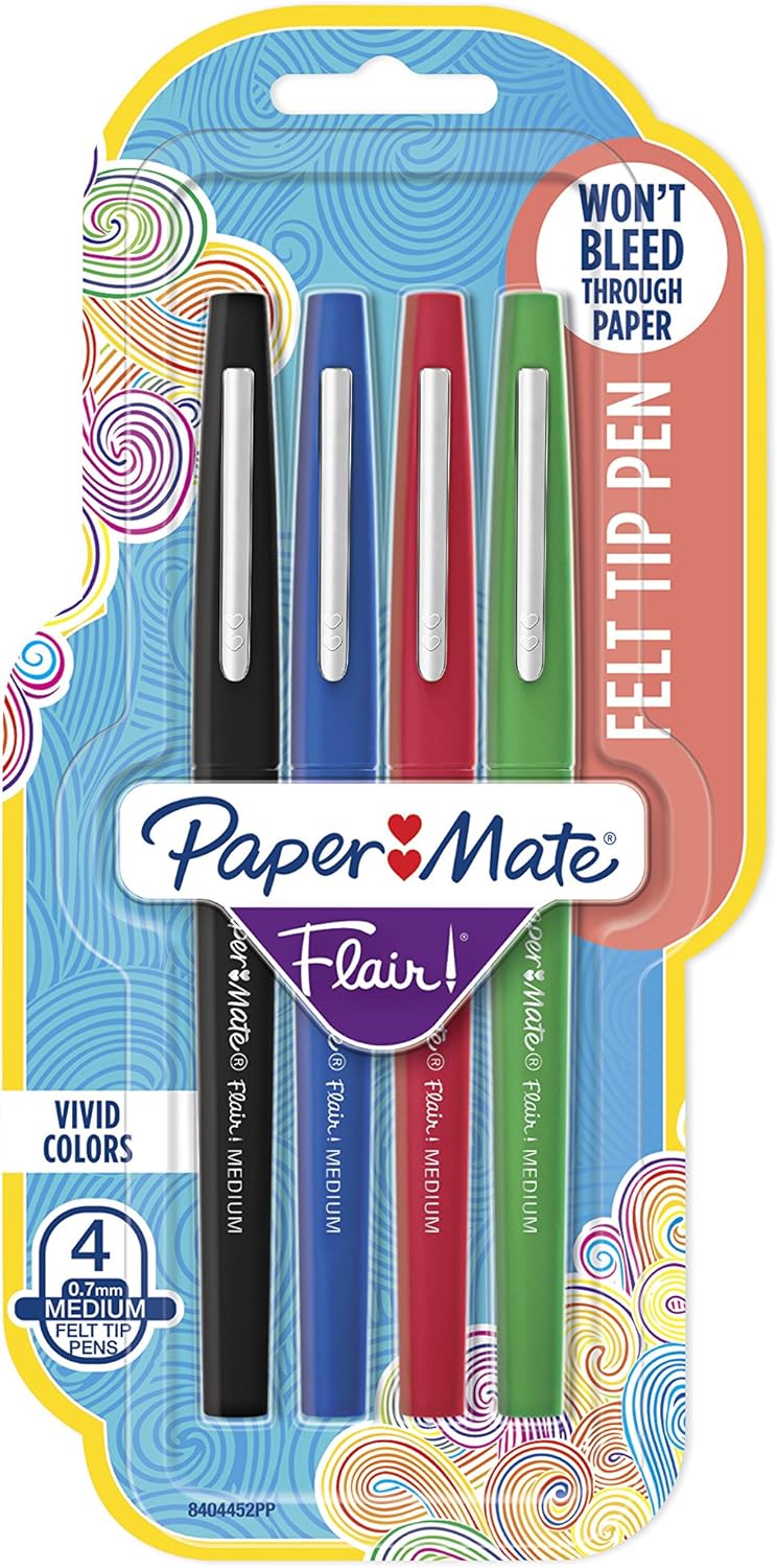 Paper Mate Flair Felt Tip Pens, Medium Point (0.7mm), Business Colors, 4 Count